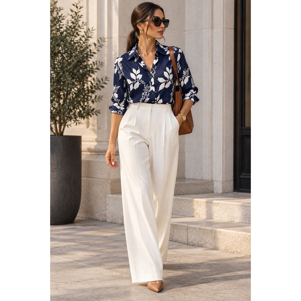 Rachel Zoe Navy White Floral Button Down Blouse Long Sleeve Shirt Small